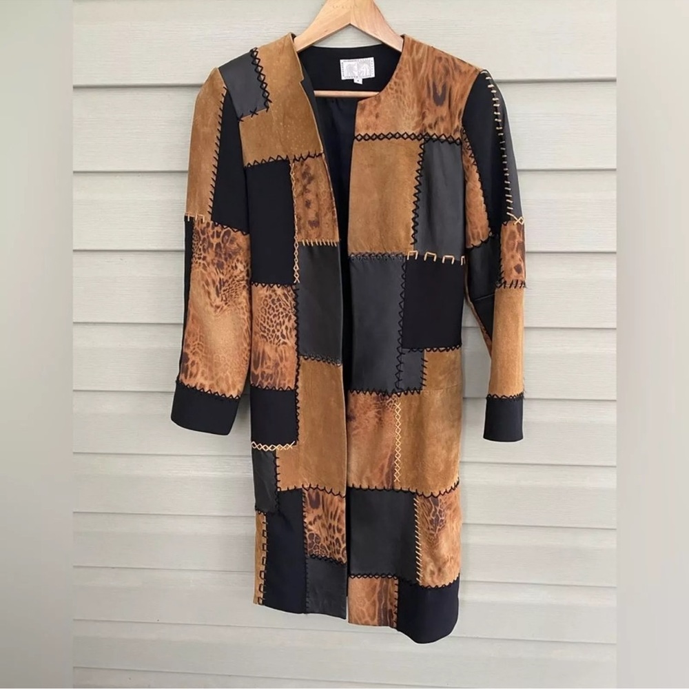Suede Leather Patchwork Duster Jacket Coat - Picture 12 of 16